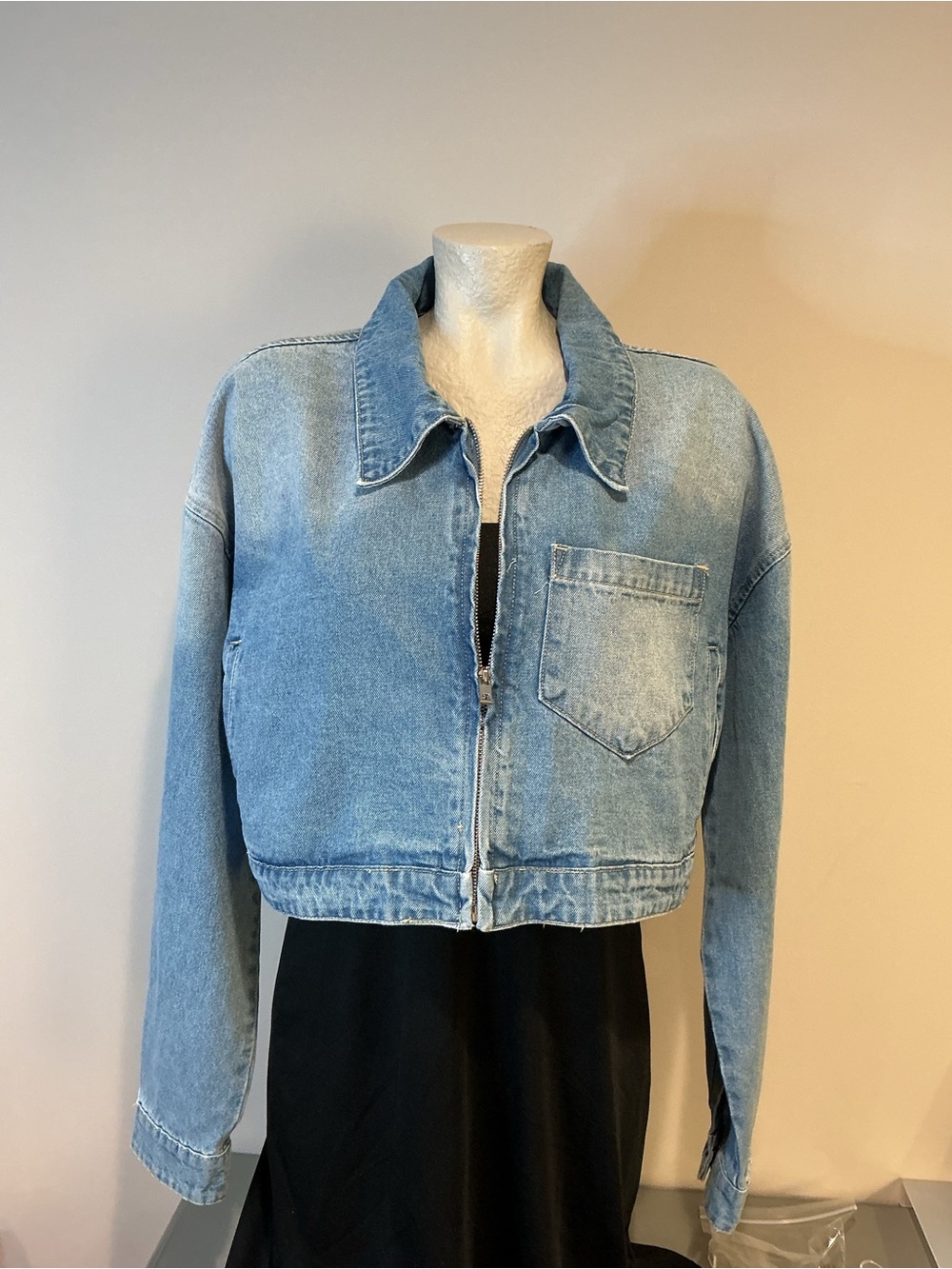 Q2 Premium Denim Cropped Graphic Zip Jacket, NWT various sizes